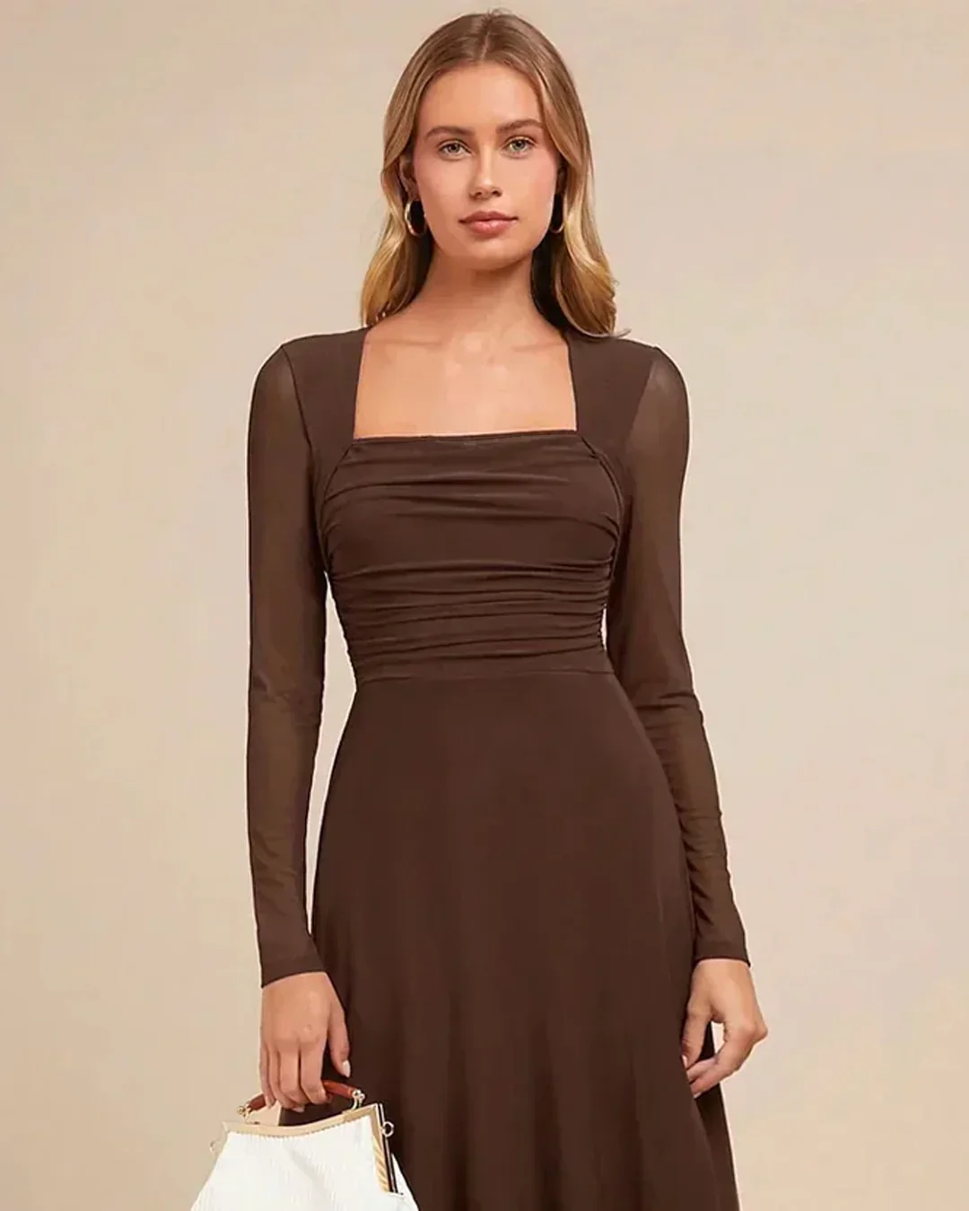 Square Neck Slim Fit Flared Hem Solid Long Sleeve Midi Dress - Image 3