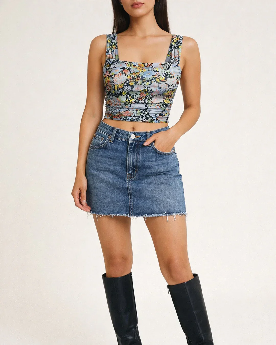 Square Neck Slim Fit Straight Hem Floral Print Sleeveless Crop Top - Image 2