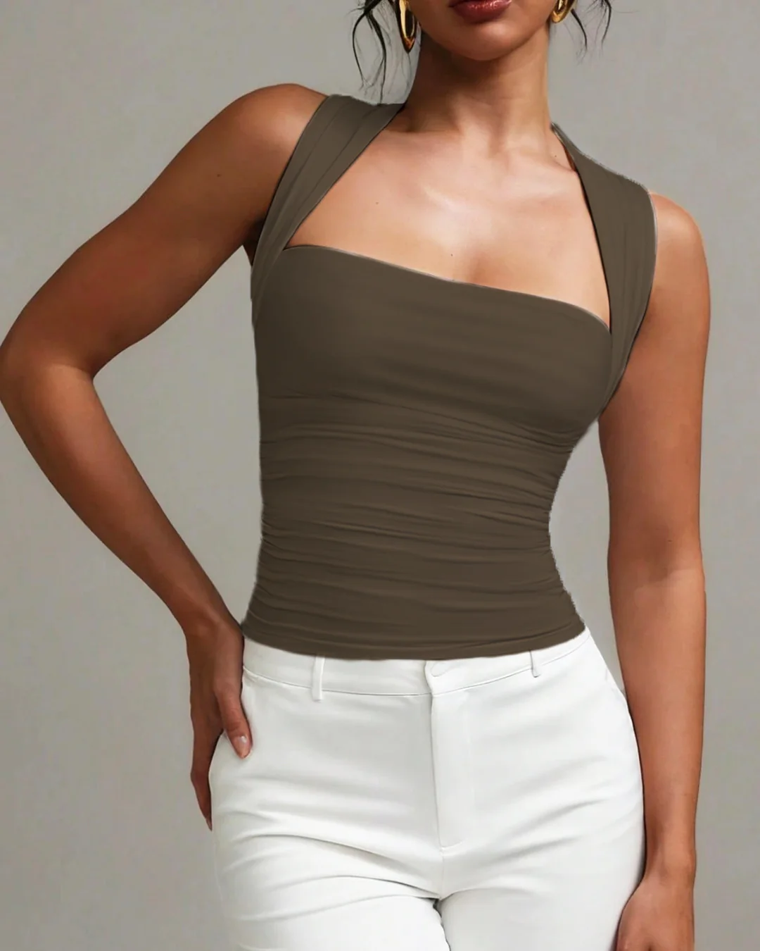 Square Neck Slim-Fit Straight Hem Solid Sleeveless Tank Top in Brown - Image 2