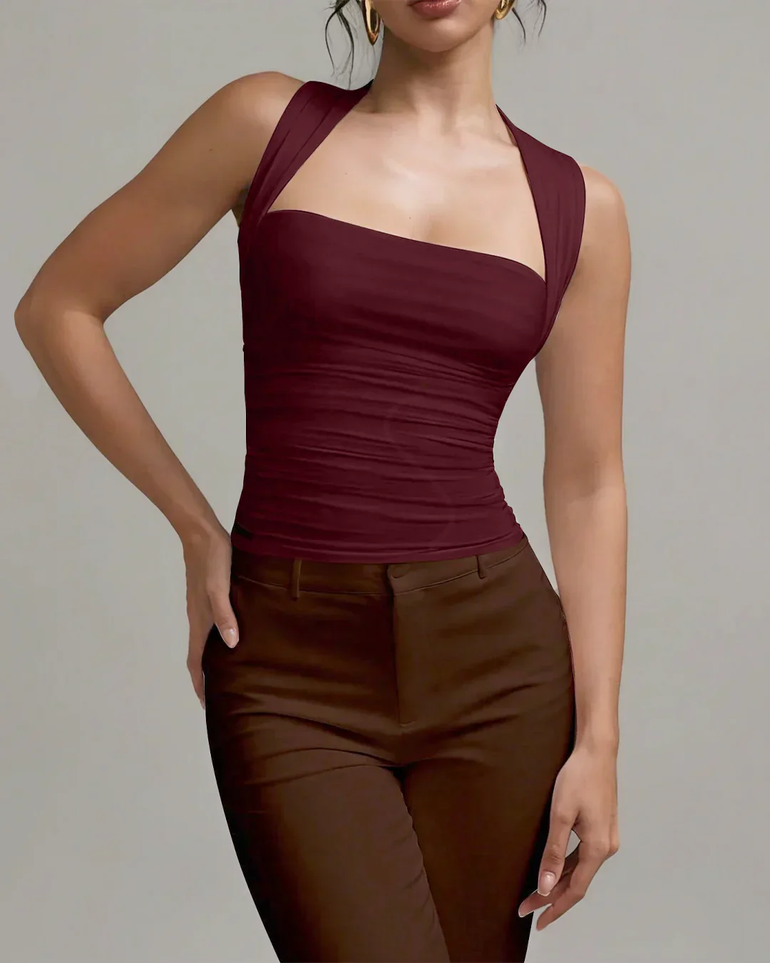 Square Neck Slim-Fit Straight Hem Solid Sleeveless Tank Top in Maroon - Image 4