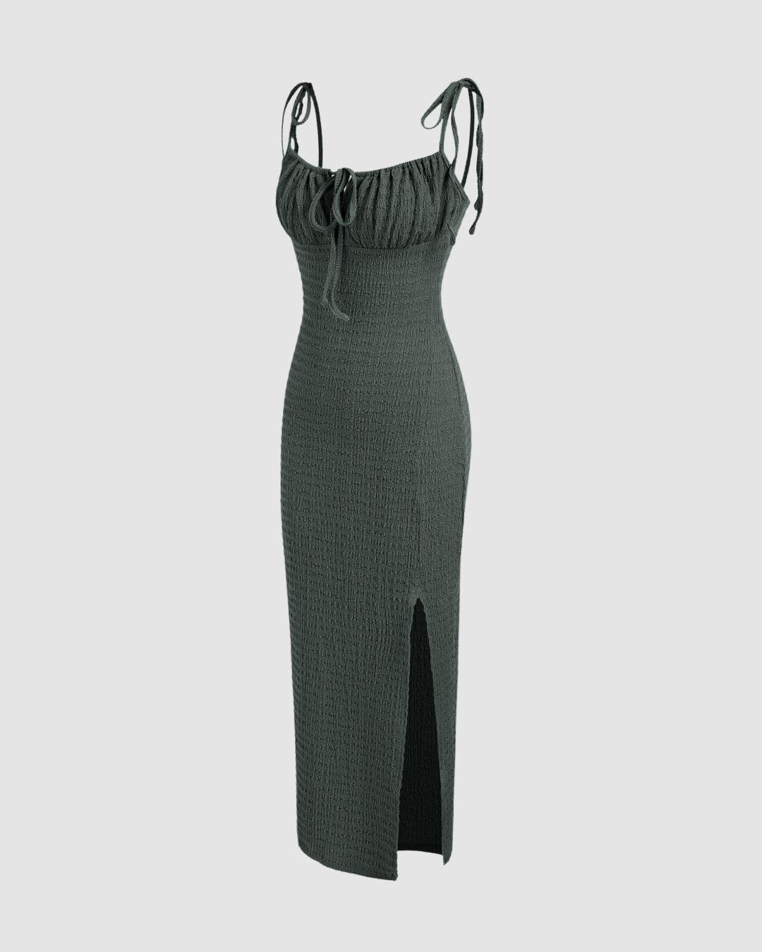 Square Neck Solid Midi Dress In Olive Green - Image 3