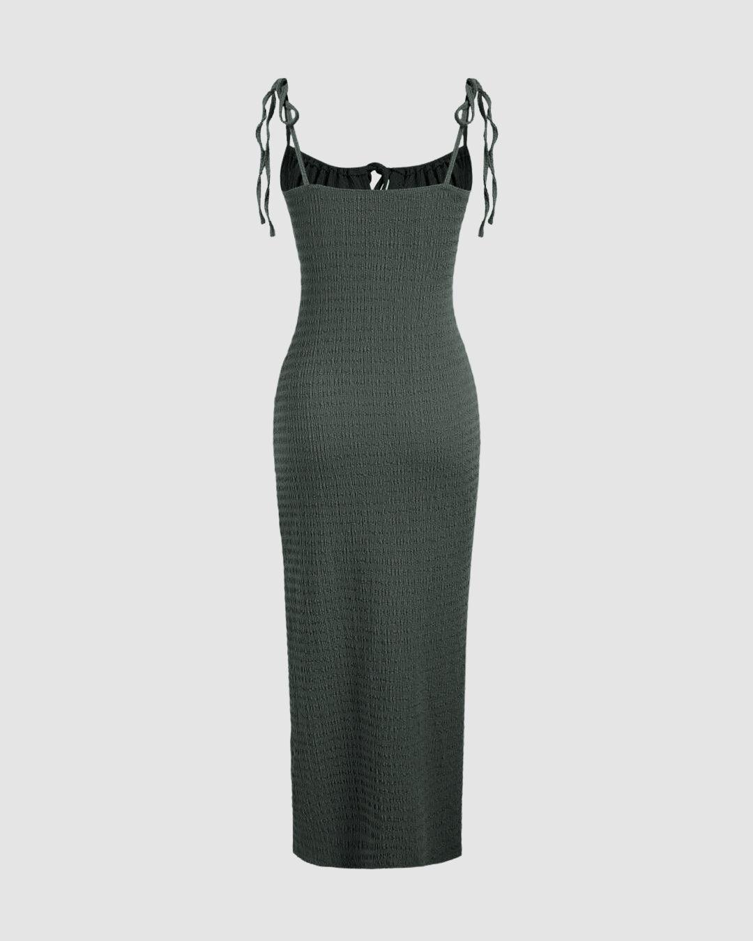 Square Neck Solid Midi Dress In Olive Green - Image 4