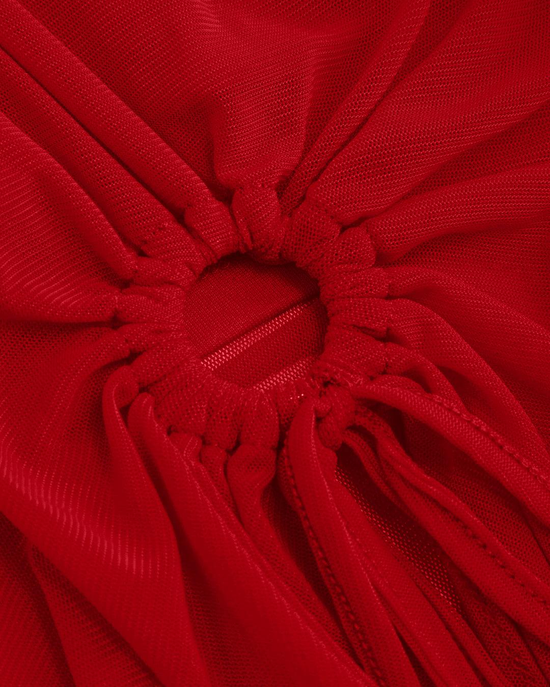 Square Neck Solid O-ring Short Sleeve Red Mesh Top - Image 3
