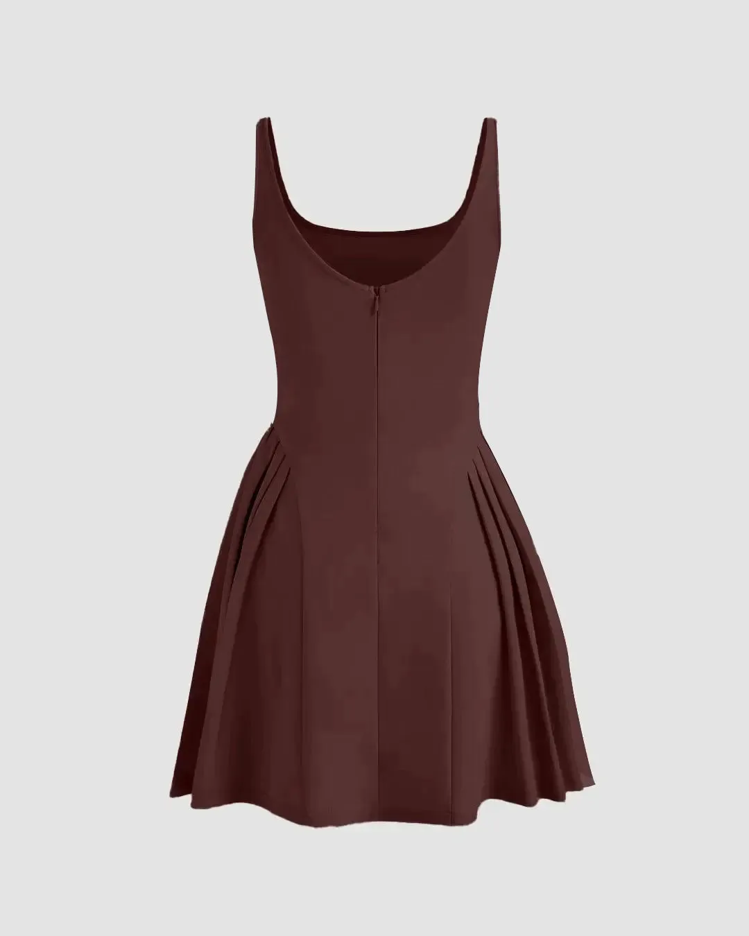 Square Neck Solid Pleated Cami Chocolate Mini Dress - Image 2