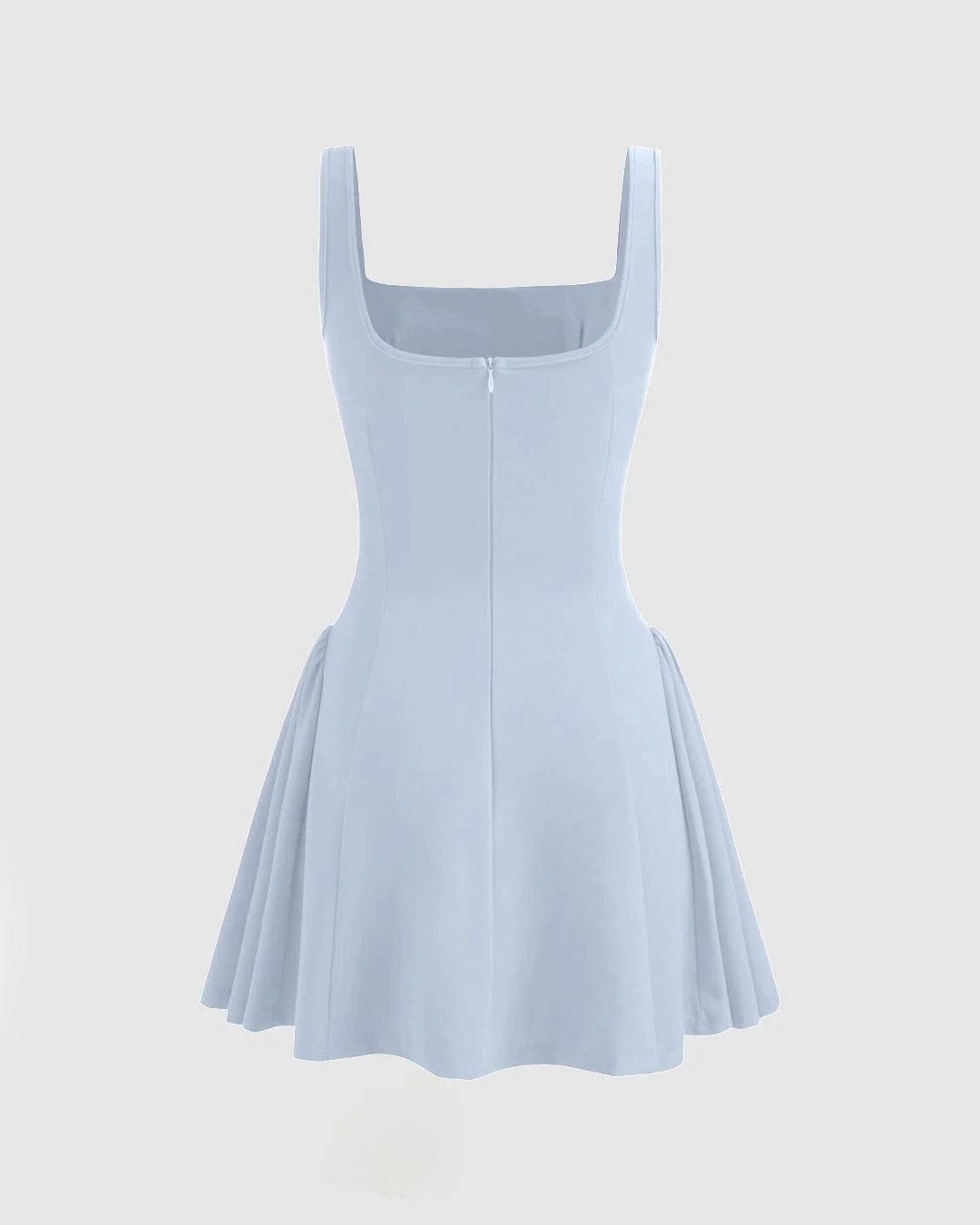 Square Neck Solid Pleated Mini Dress In Blue - Image 2