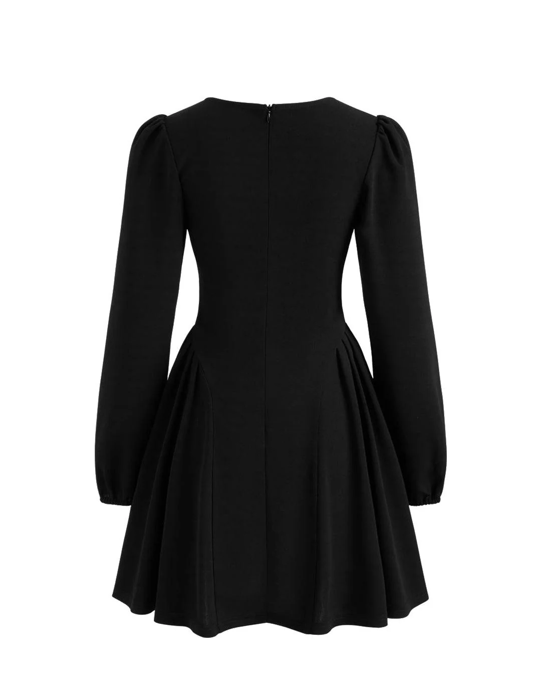 Square Neck Solid Pleated Ruffle Zipper Black Mini Dress - Image 2