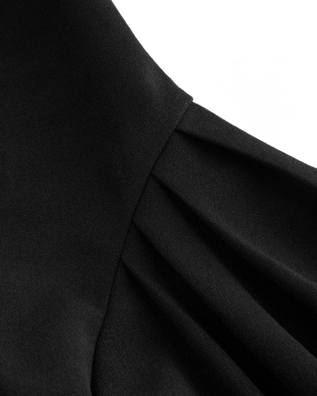 Square Neck Solid Pleated Ruffle Zipper Black Mini Dress - Image 3