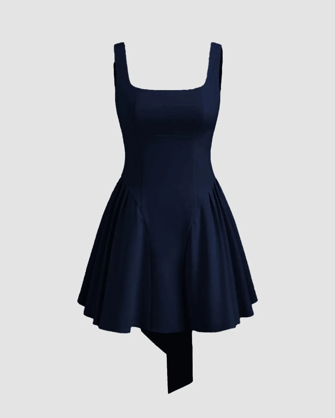 Square Neck Solid Ruffle Pleated Knotted Mini Dress In Navy Blue - Image 2