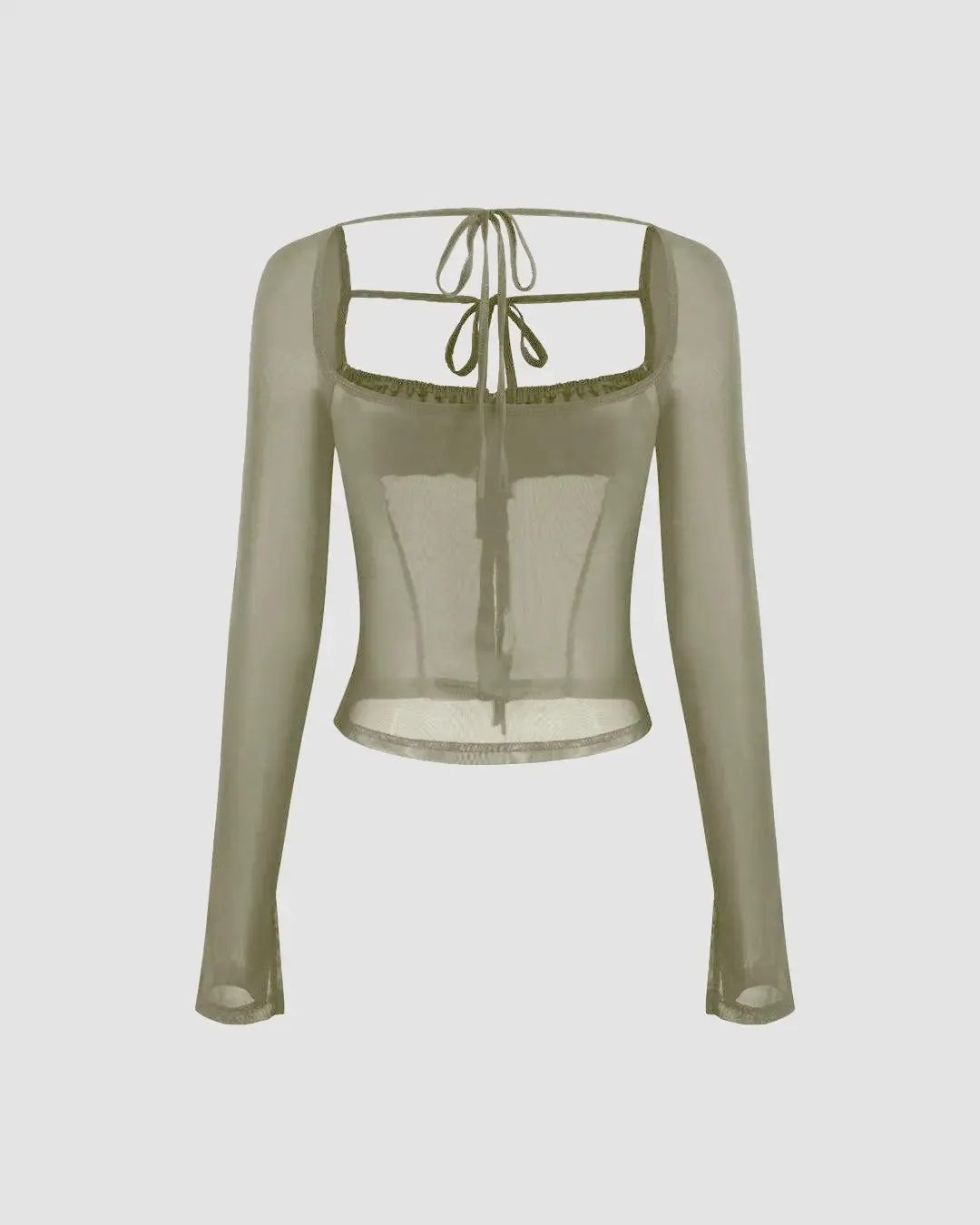 Square Neck Solid See-through Knotted Long Sleeve Top In Herbal Green - Image 2