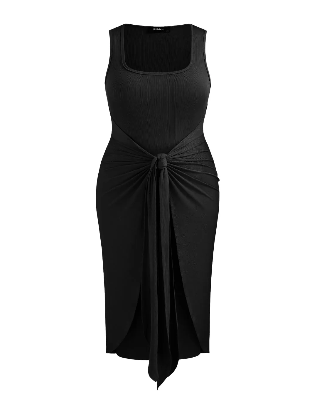 Square Neck Solid Twist Knotted Black Maxi Dress Curve & Plus - Image 3