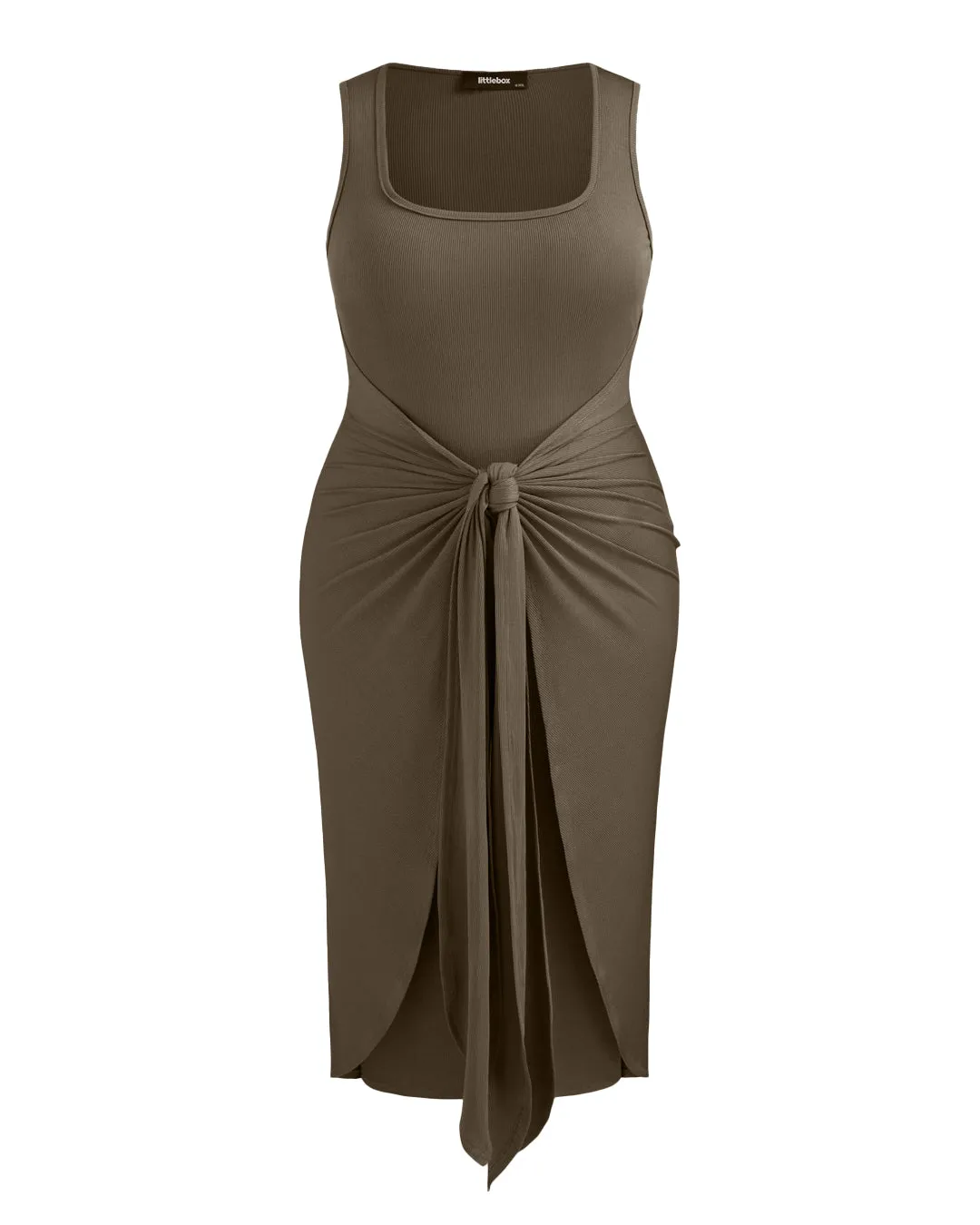 Square Neck Solid Twist Knotted Grey Maxi Dress Curve & Plus - Image 3