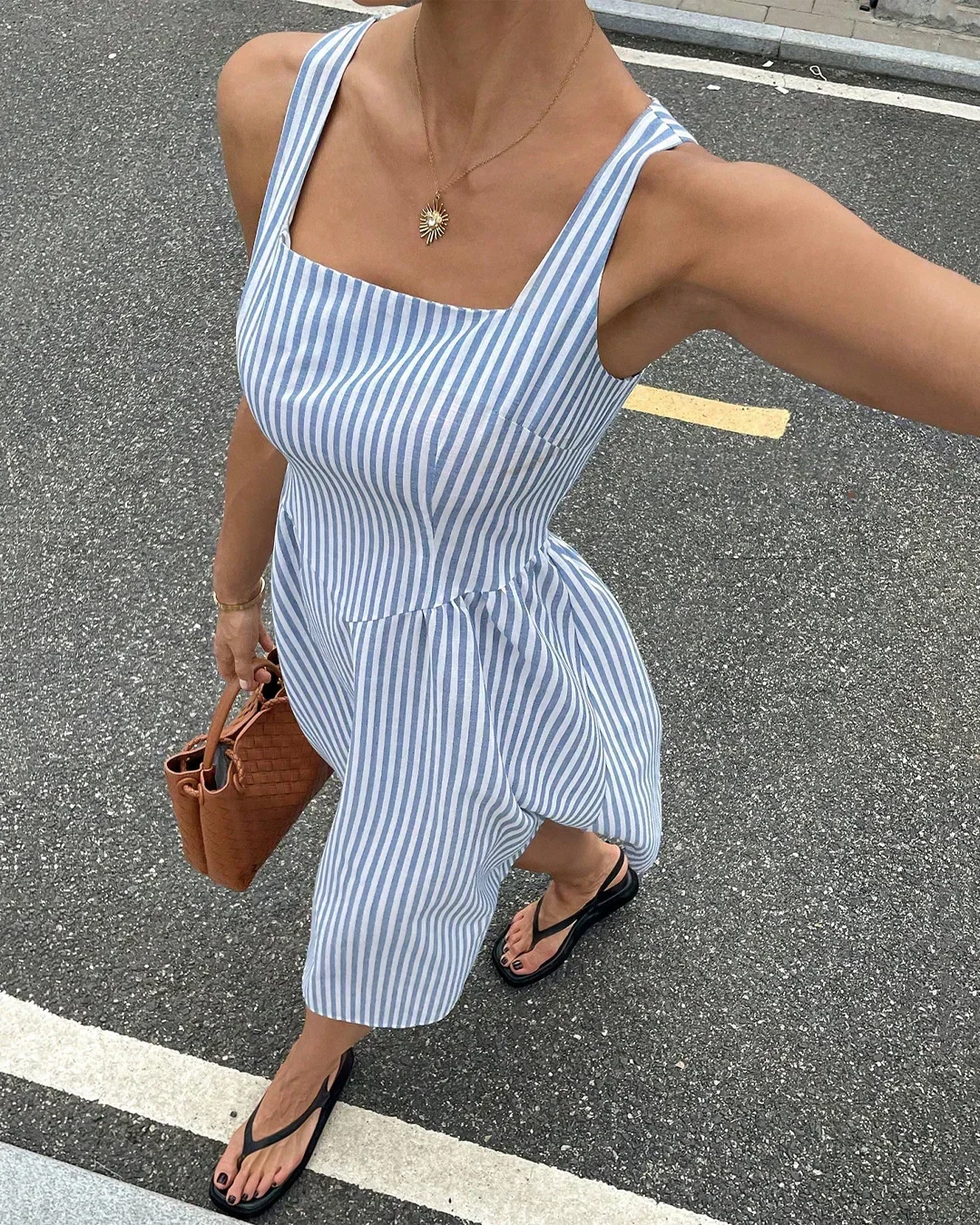 Square Neck Striped Midi Dress with Spaghetti Straps in Blue - Image 3