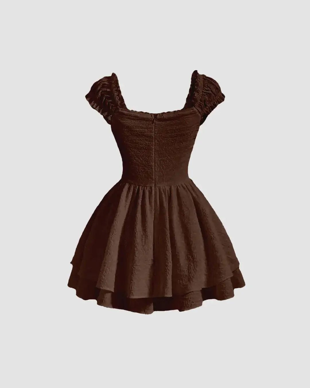 Brown Short Dress with Puff Sleeves in Chocolate Brown - Image 2
