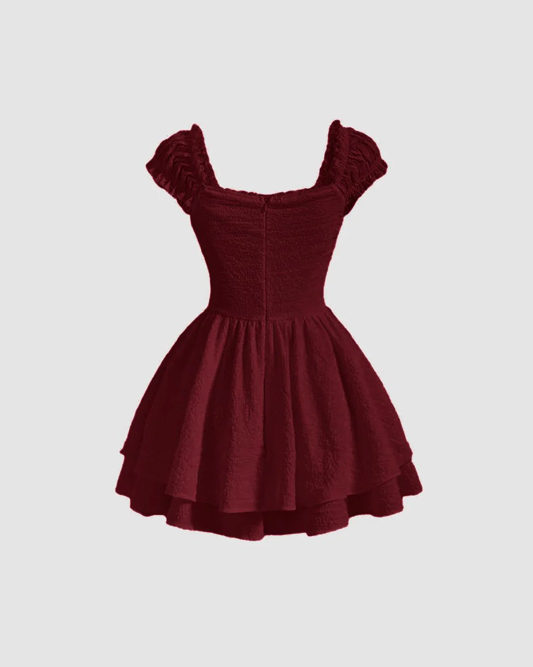 Square Neck Textured Waist-Cinching Maroon Dress - Image 3