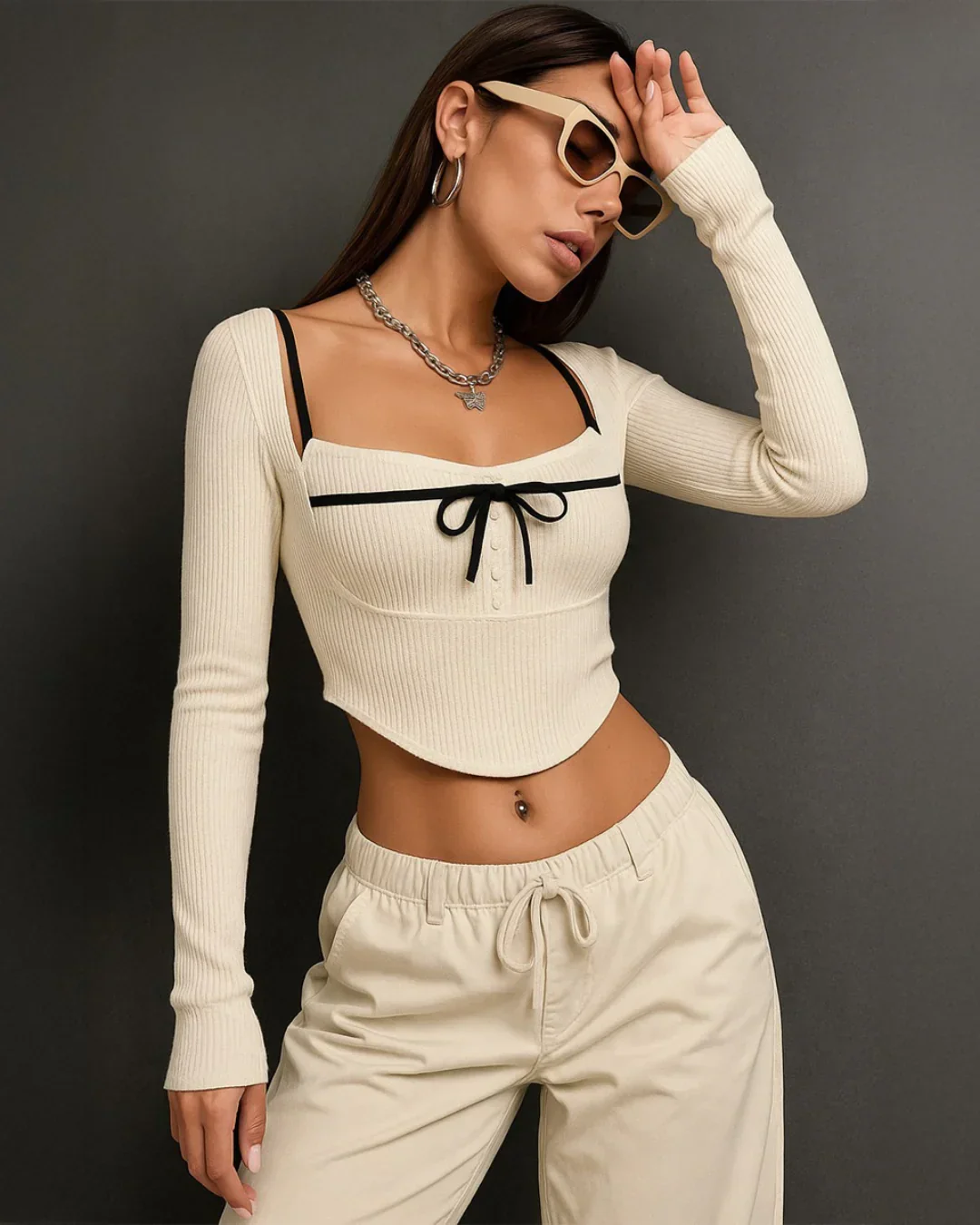 Square Neck Tie Detail Long Sleeve Top in Off White - Image 2