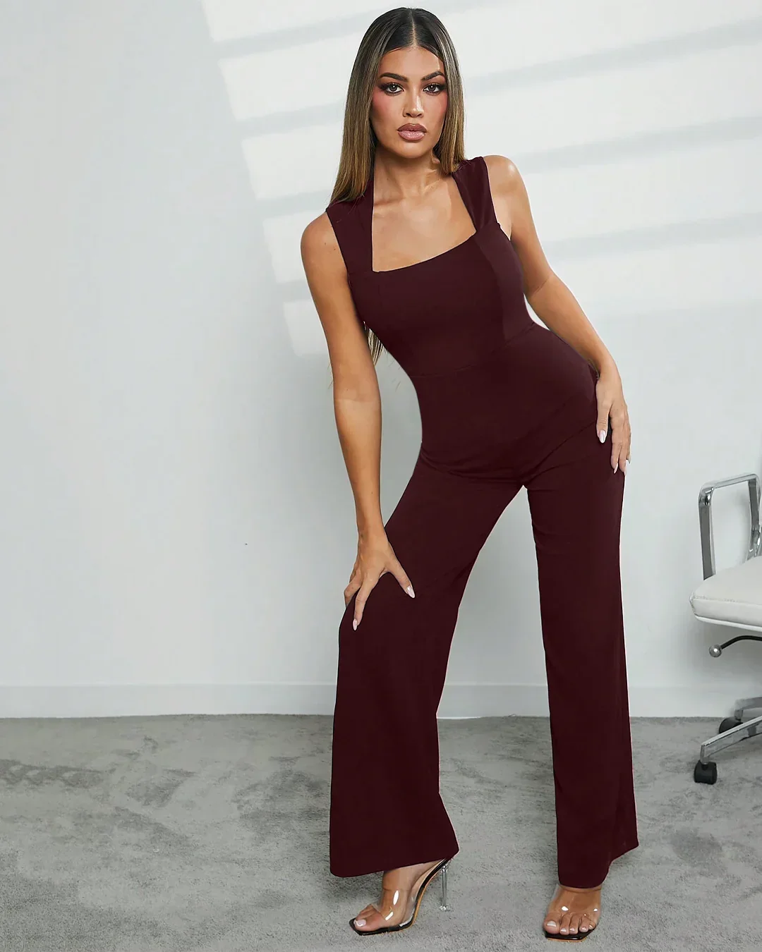 Square Neck Wide Leg Jumpsuit in Chocolate - Image 3
