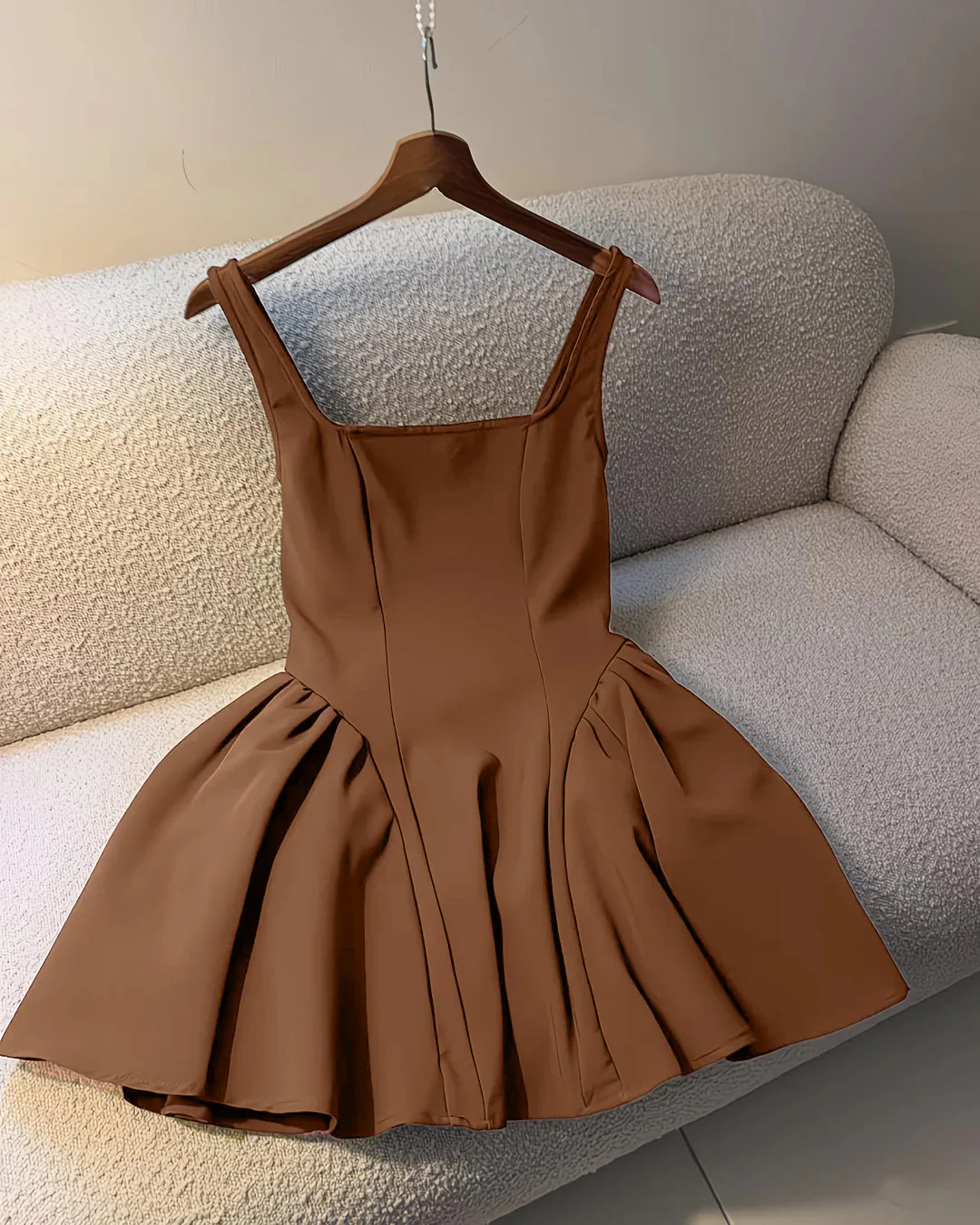Square neck zipper detail Sleeveless Flared Mini Dress in Brown - Image 2