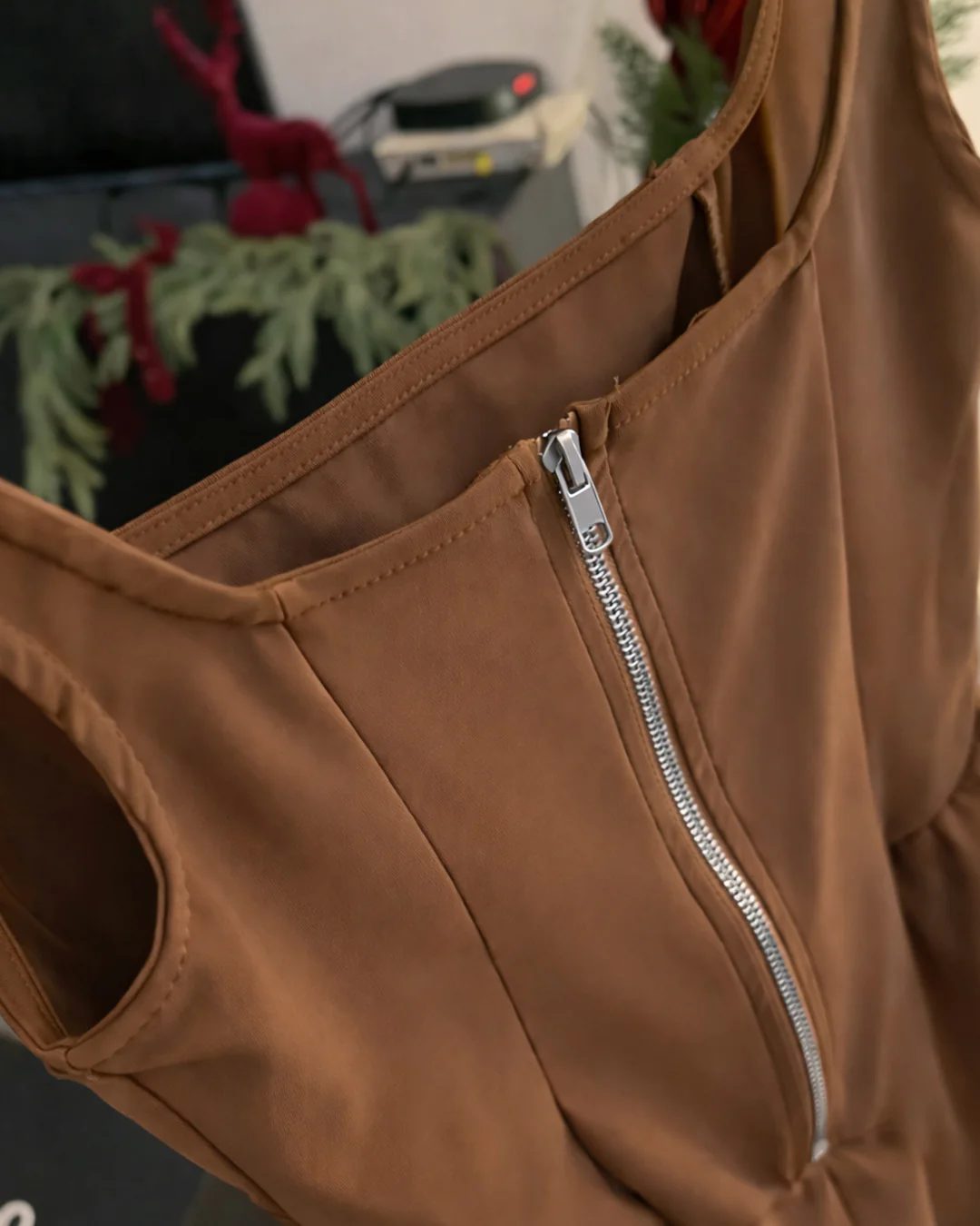 Square neck zipper detail Sleeveless Flared Mini Dress in Brown - Image 3