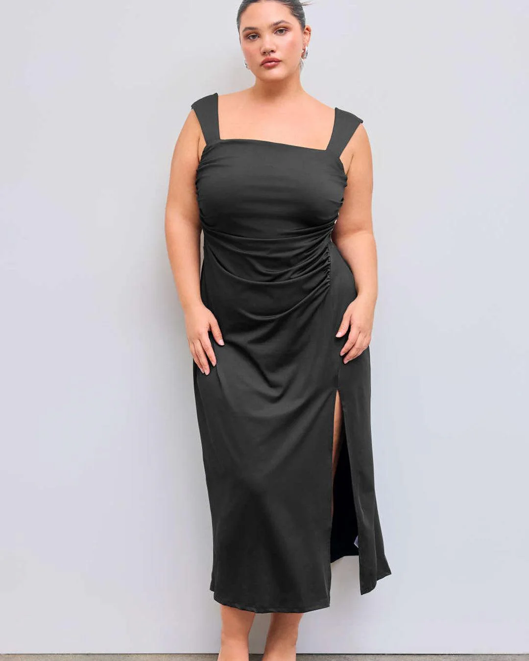 Square Neckline Ruched Split Bowknot Maxi Dress Curve & Plus - Image 3