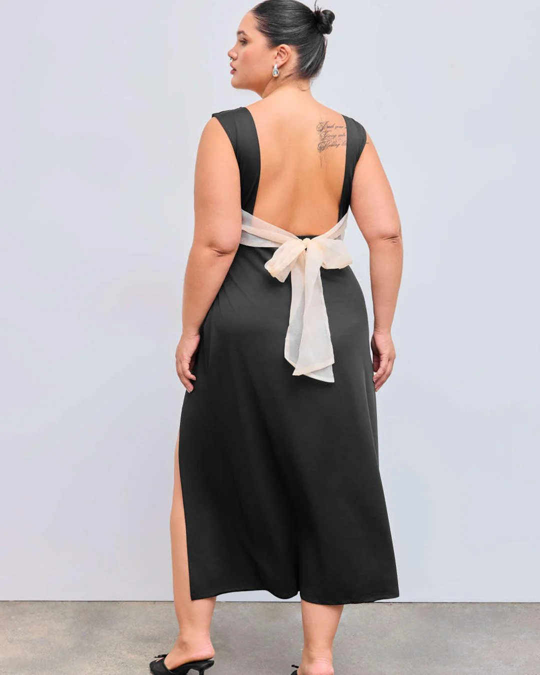 Square Neckline Ruched Split Bowknot Maxi Dress Curve & Plus - Image 4
