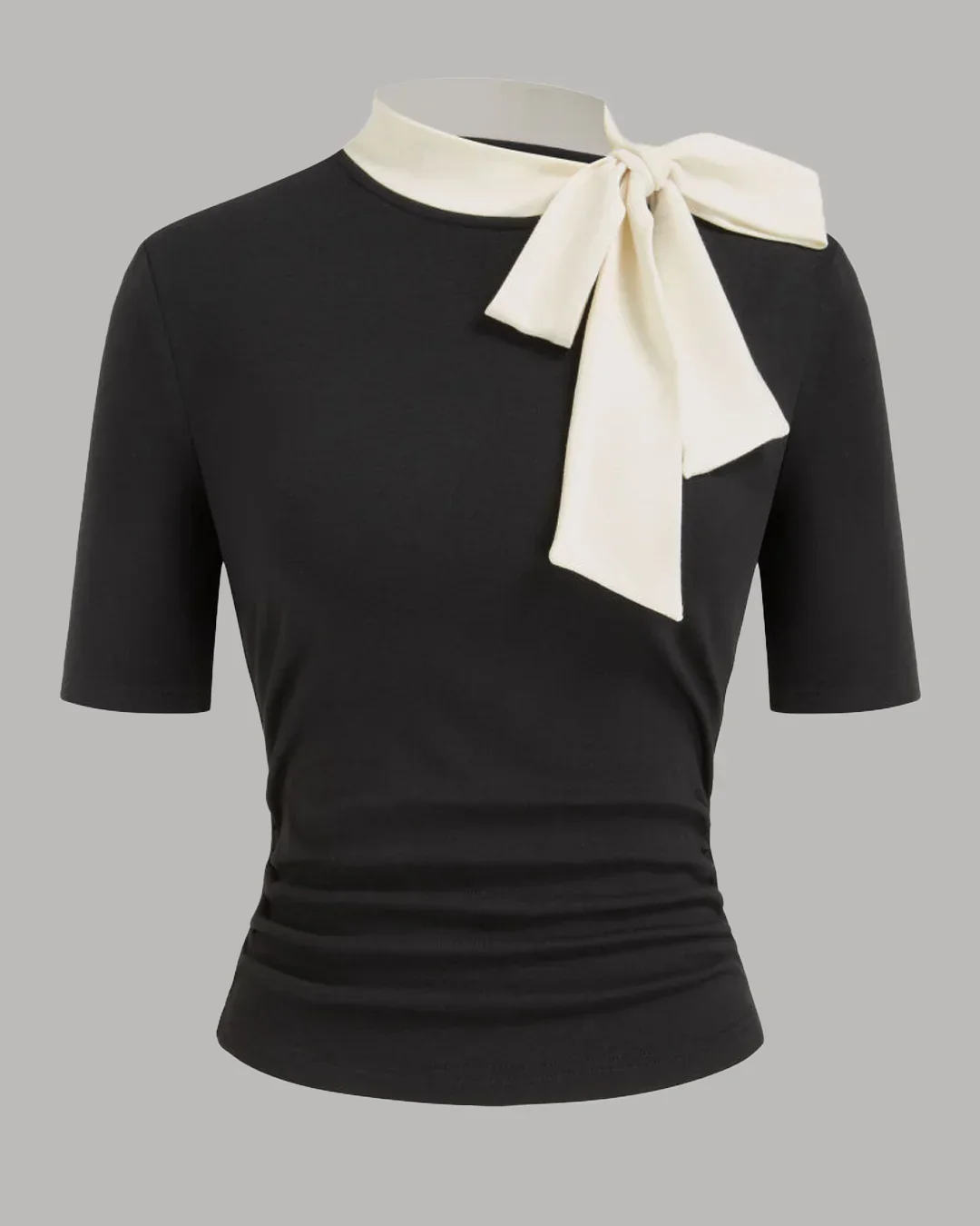 Stand Collar Bowknot Ruched Top in Black - Image 2