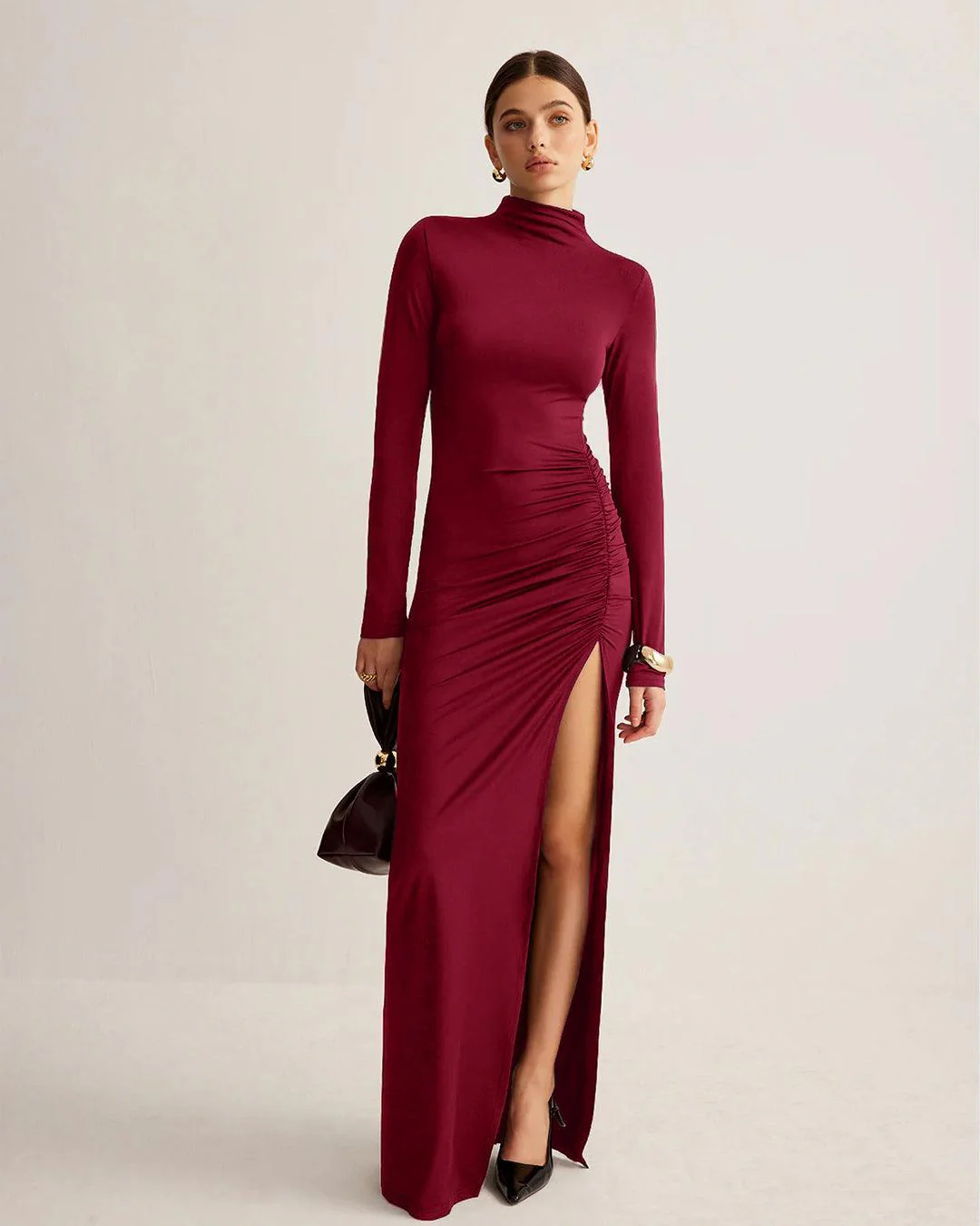 Stand-Collar Pleated Slit Redberry Dress