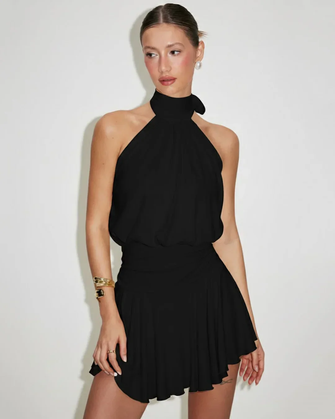 Stand Collar Sleeveless A-Line Mini Dress in Black - Image 3