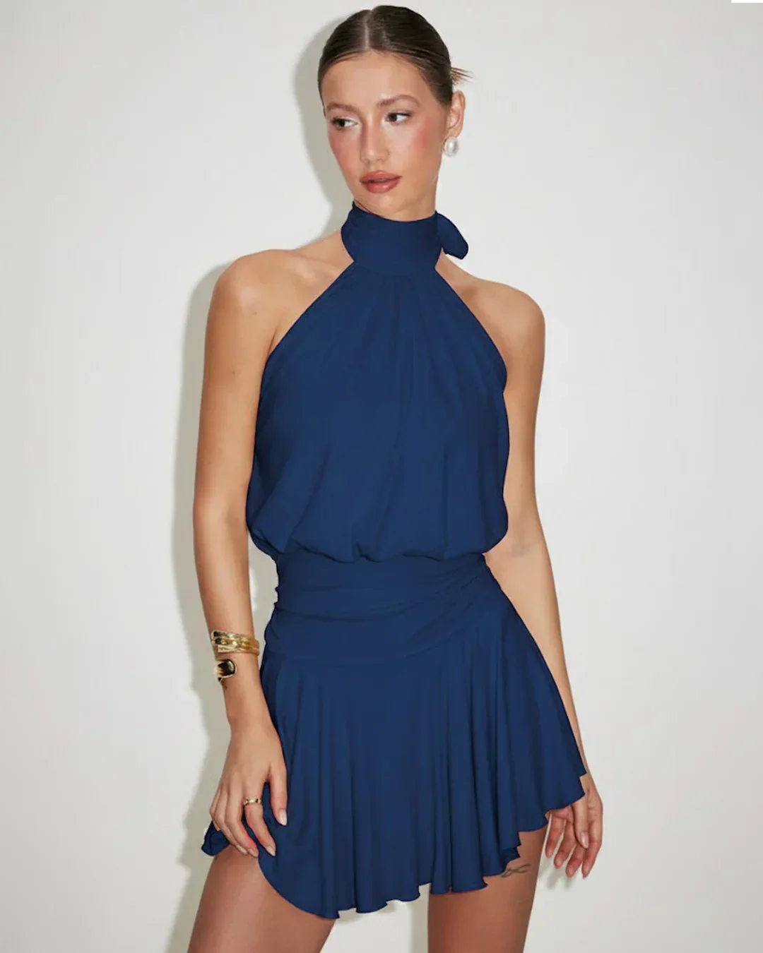 Stand Collar Sleeveless A-Line Mini Dress in Blue - Image 3