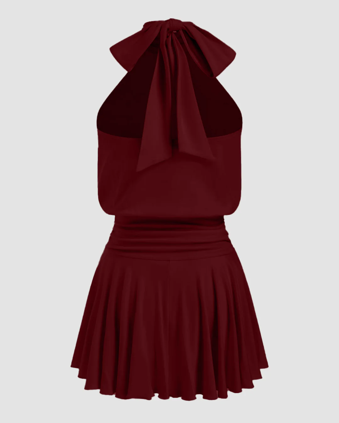 Stand Collar Sleeveless A-Line Mini Dress with Scarf in Maroon - Image 2