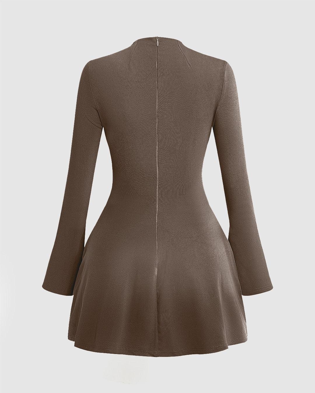 Stitching Bell Sleeve Brown Mini Dress - Image 2