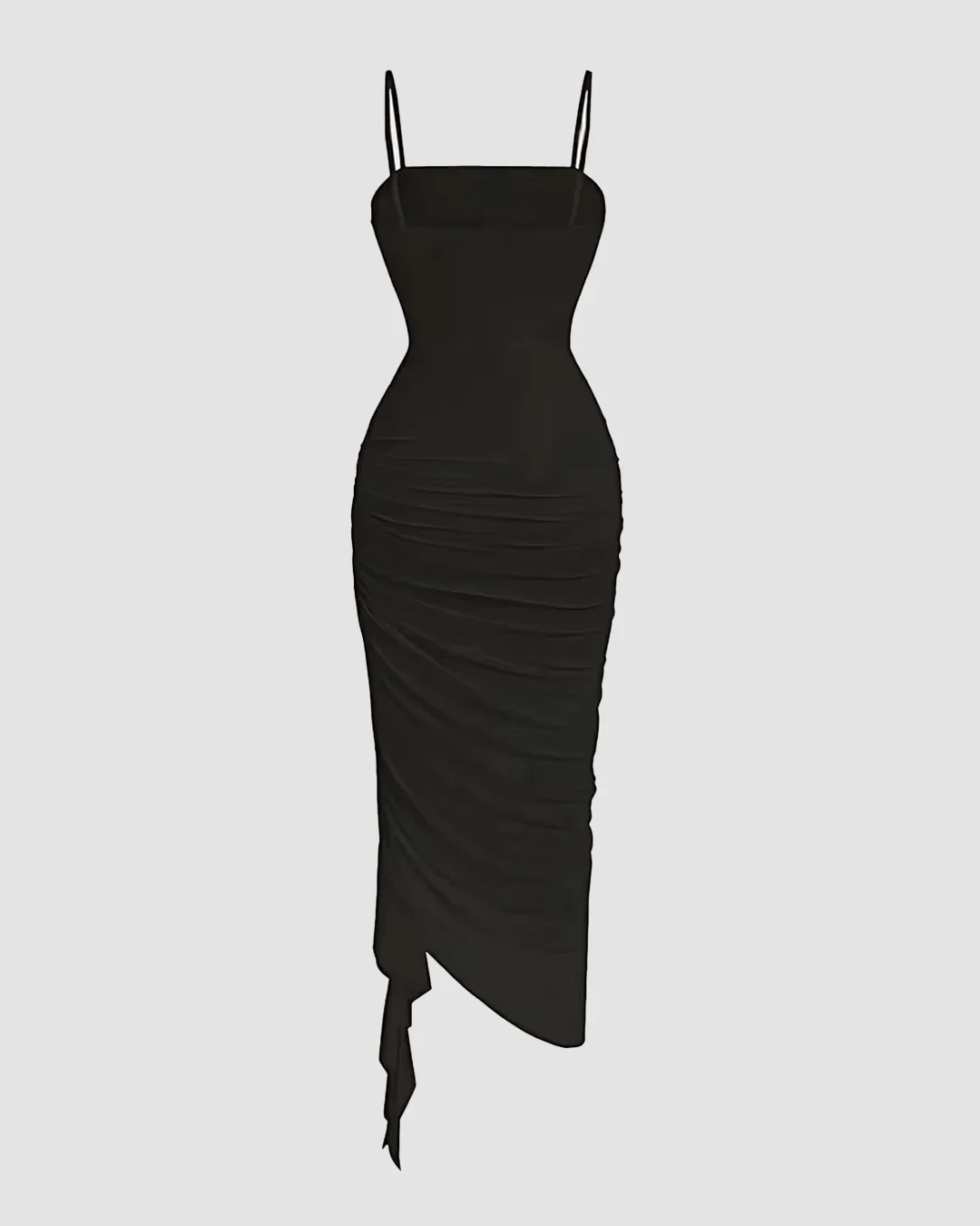 Straight Neck Slim Fit Asymmetrical Hem Pleated Sleeveless Midi Dress in Black - Image 2
