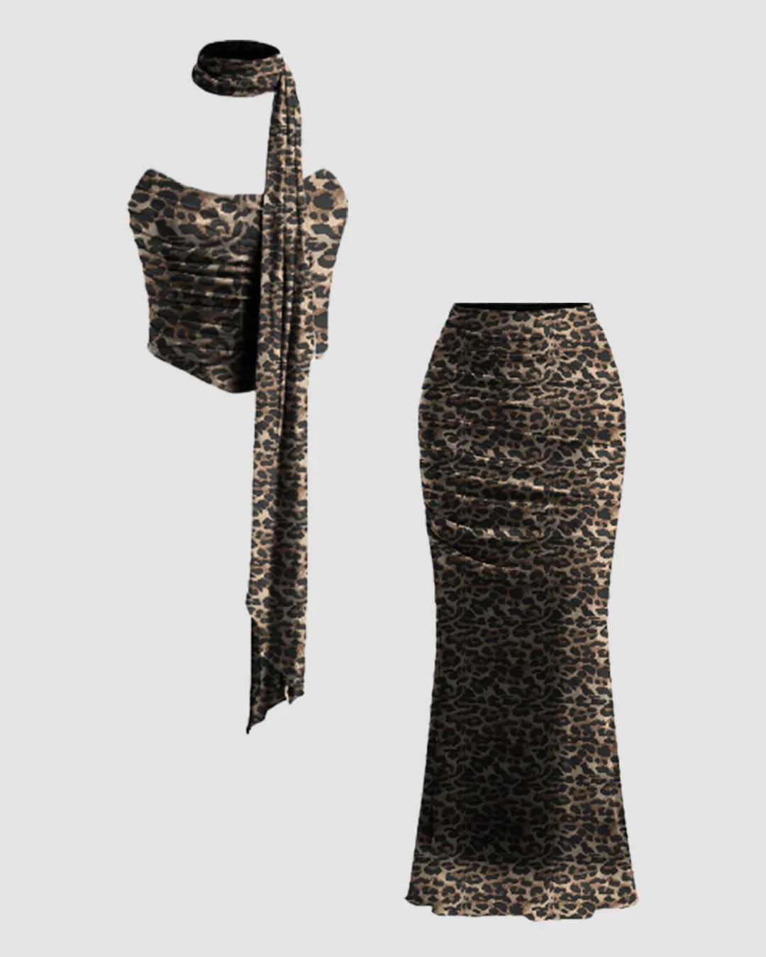 Strapless Crop Top & Ruched Bodycon Maxi Skirt Co-ords Set with scarf - Image 2