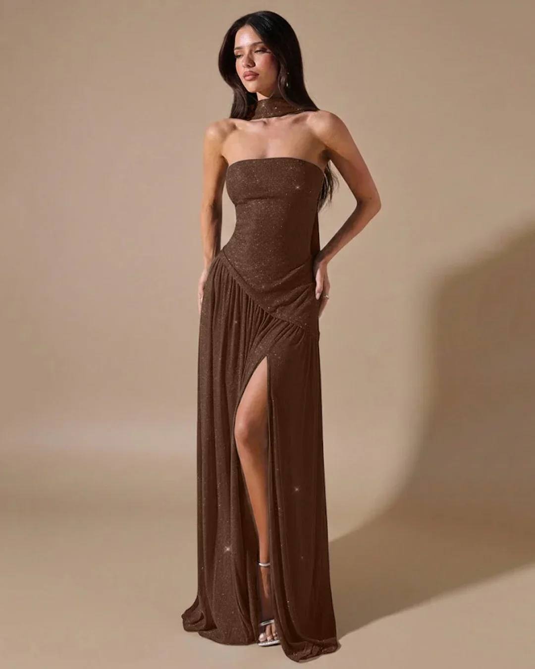 Strapless High Slit Fitted Maxi Dress in Brown - Image 2