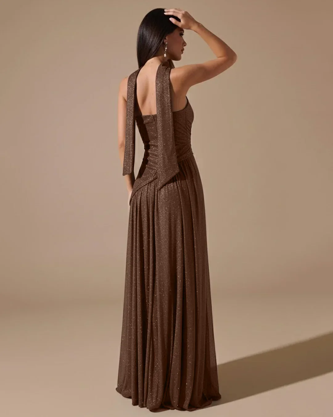 Strapless High Slit Fitted Maxi Dress in Brown - Image 3