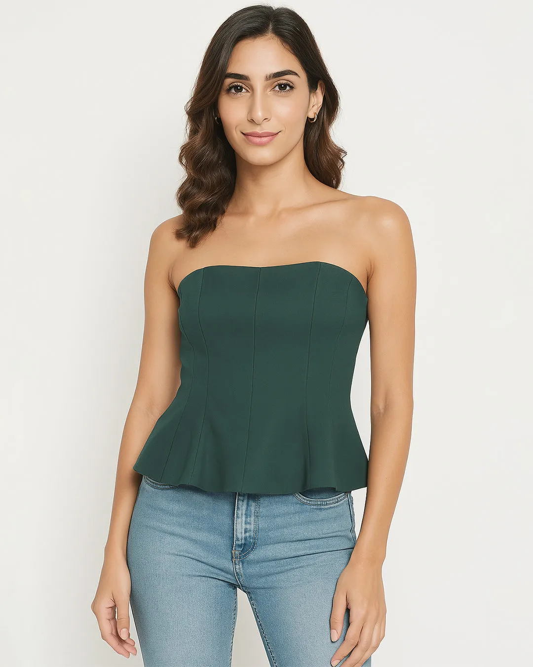 Strapless Peplum Bustier Top In Olive Green - Image 3