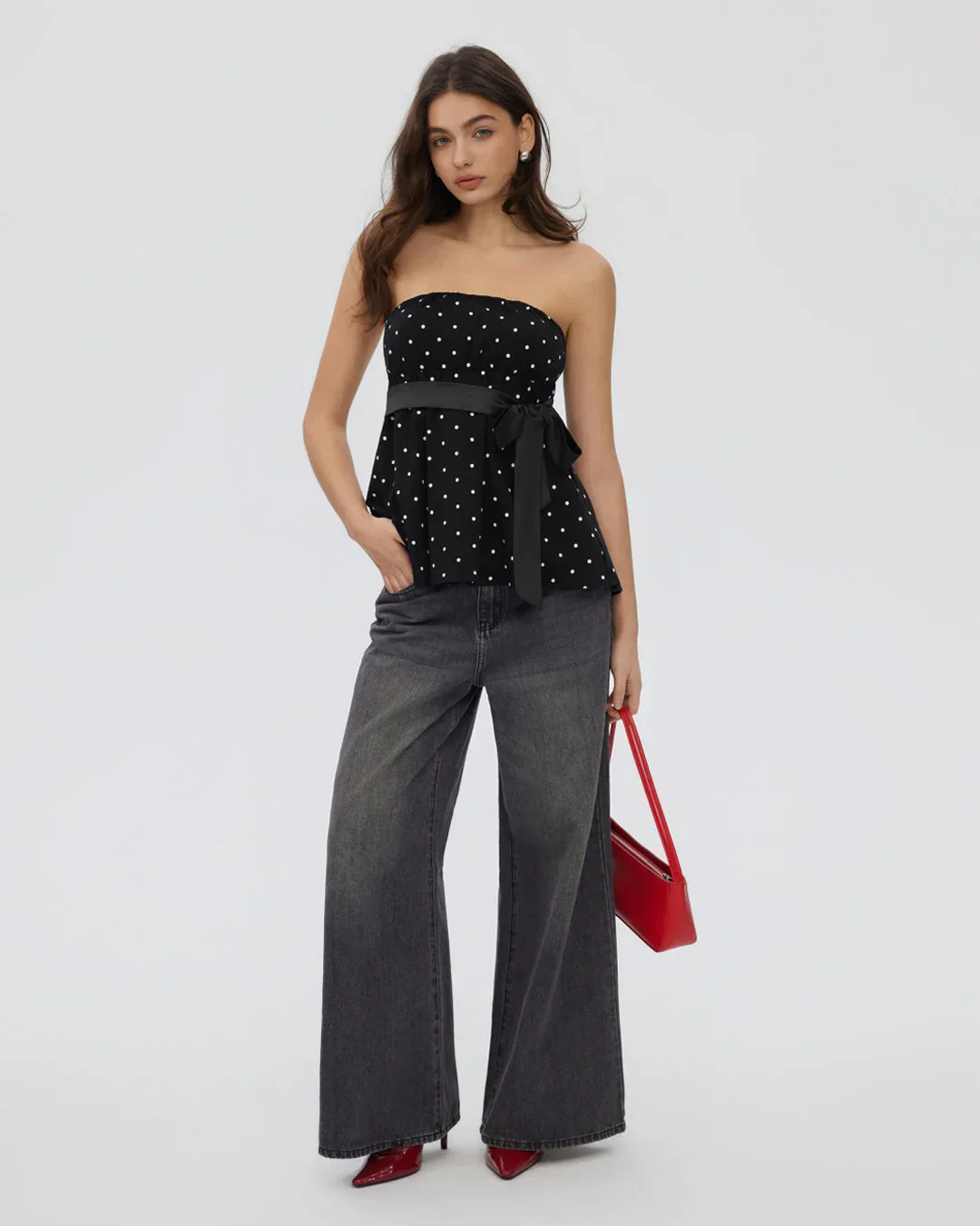 Strapless Polka Dot Bow Belt Bandeau Top - Image 5