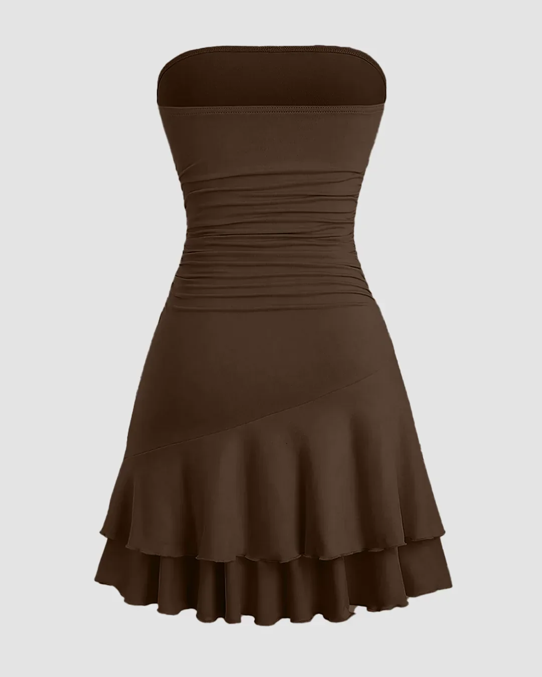Strapless Ruched Layered Mini Dress in Brown - Image 2