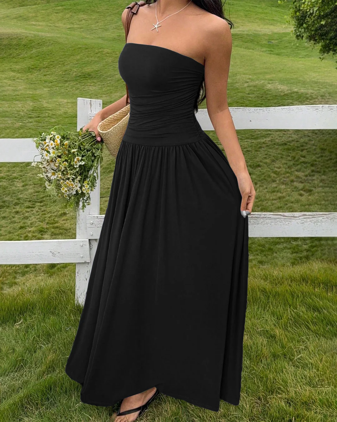 Strapless Ruched Maxi Dress in Black - Image 3
