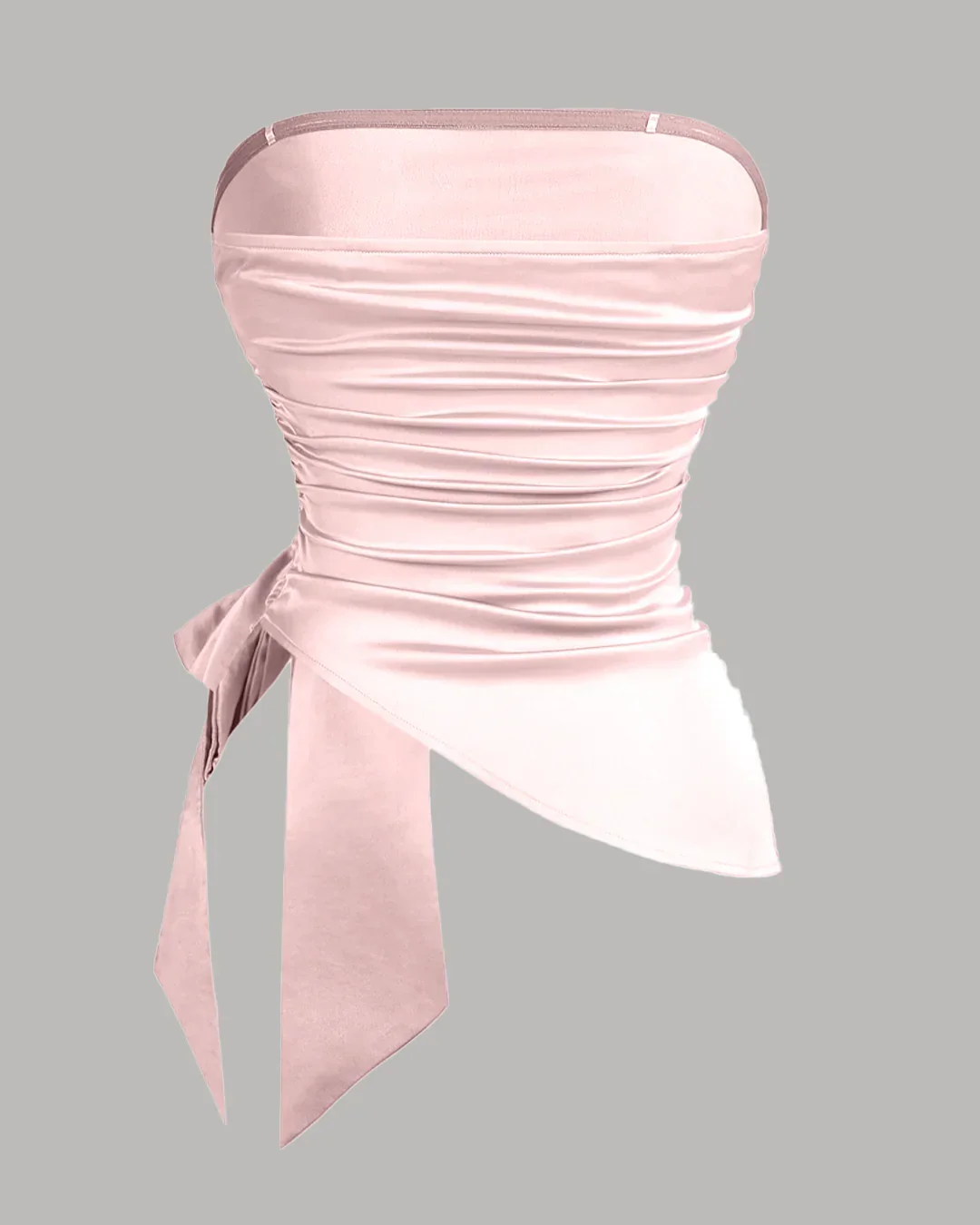 Strapless Slim Fit Ruched Hem Solid Sleeveless Crop Top in Satin Cherry Blossom - Image 2
