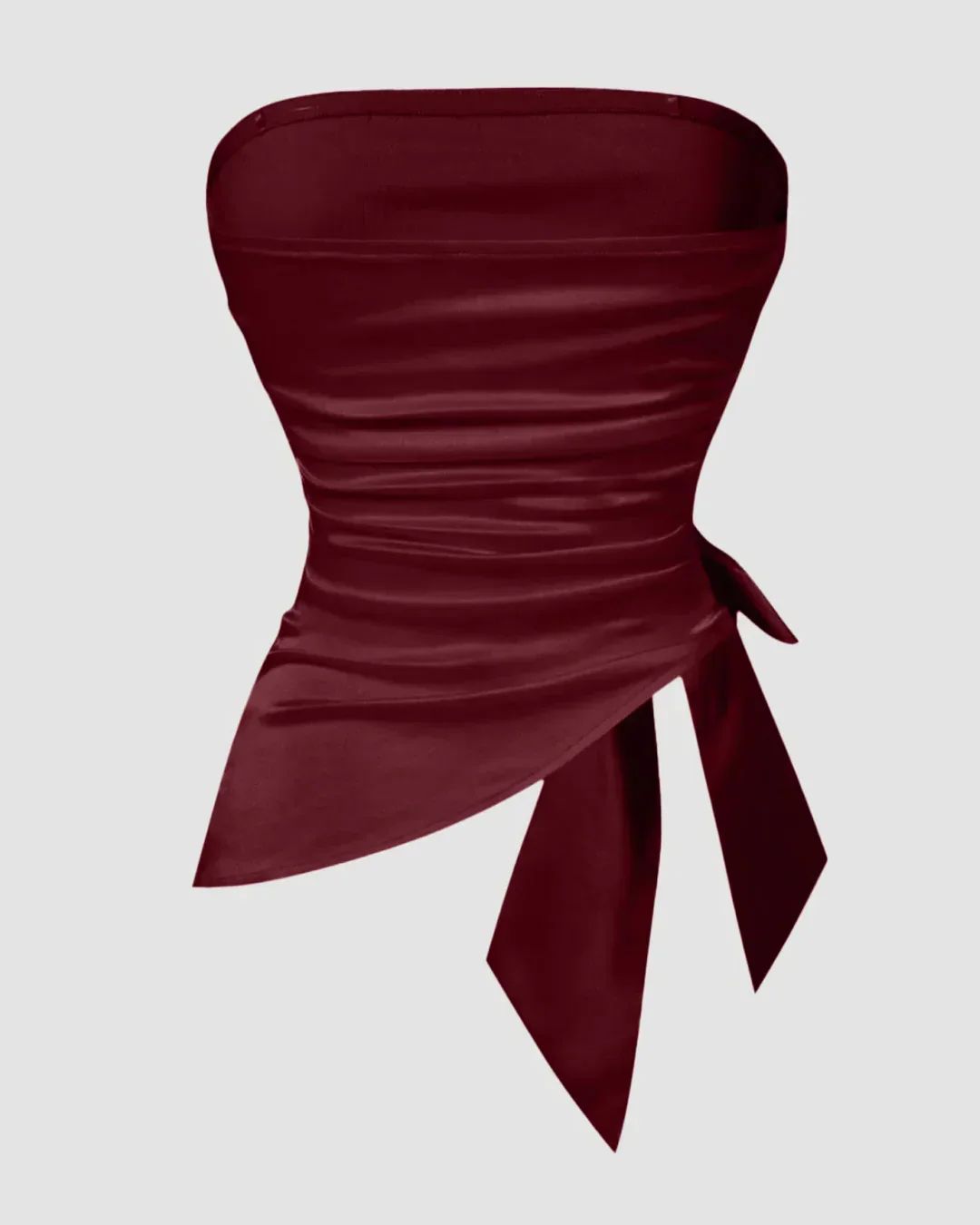 Strapless Slim Fit Ruched Hem Solid Sleeveless Crop Top in Satin Red - Image 2