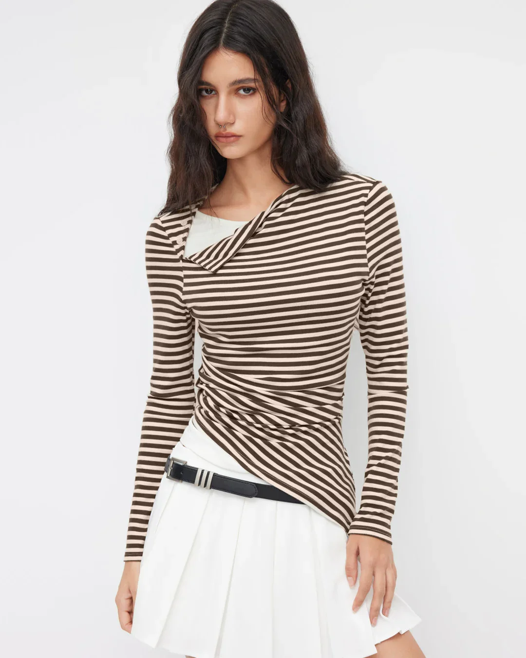 Stripe Asymmetrical Neckline Long Sleeve Ruched Top - Image 3