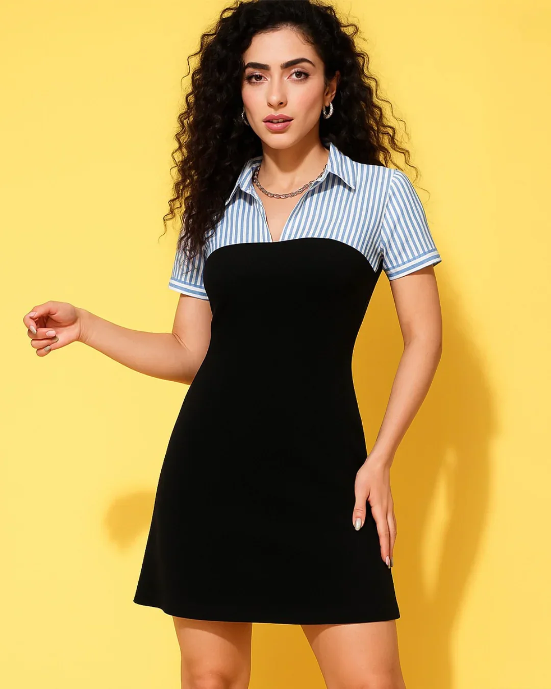Striped Blue Shirt Collar Contrast Black Mini Dress - Image 2