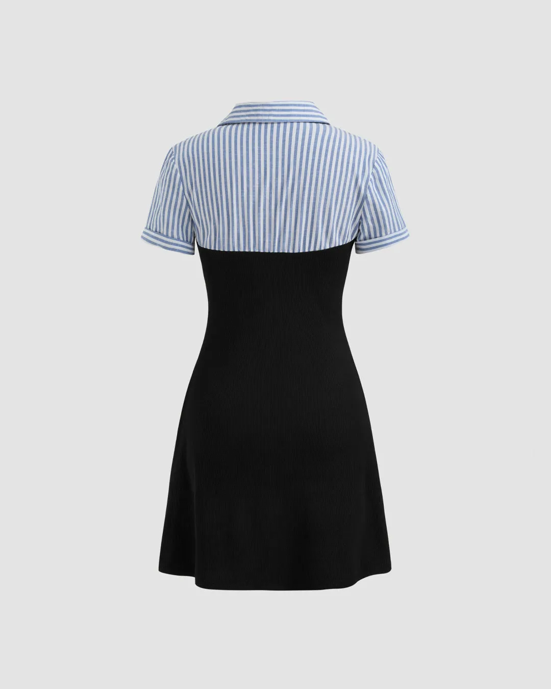 Striped Blue Shirt Collar Contrast Black Mini Dress - Image 3