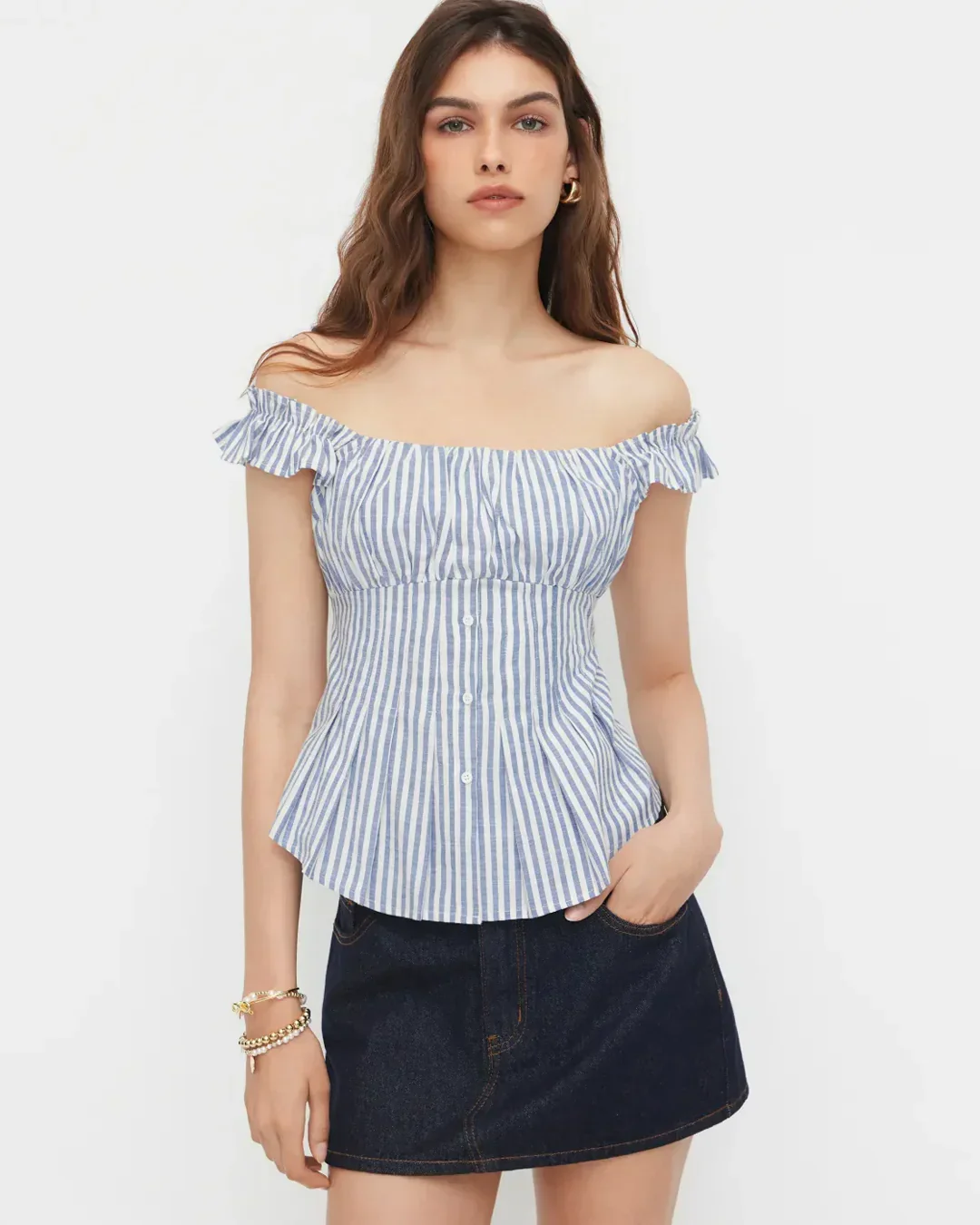 Off Shoulder Striped Button Down Top in Blue and White - Image 3
