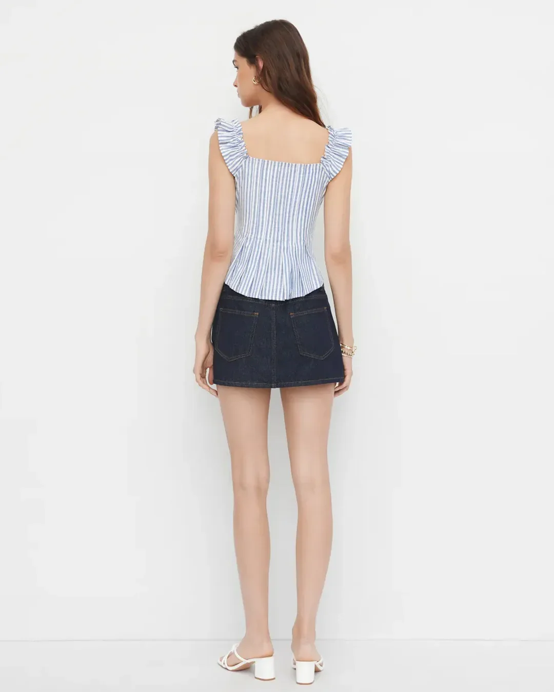Off Shoulder Striped Button Down Top in Blue and White - Image 4