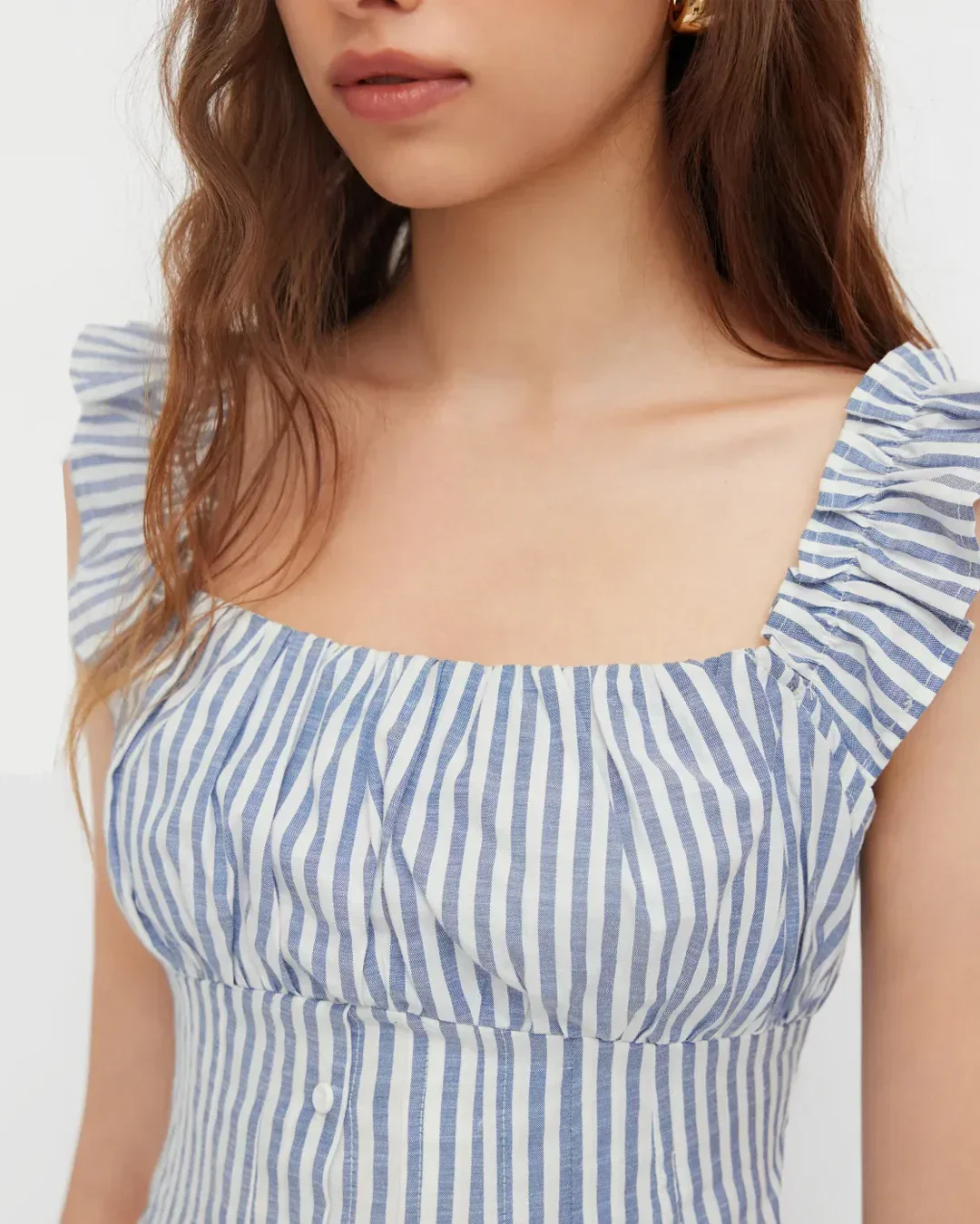 Off Shoulder Striped Button Down Top in Blue and White - Image 5