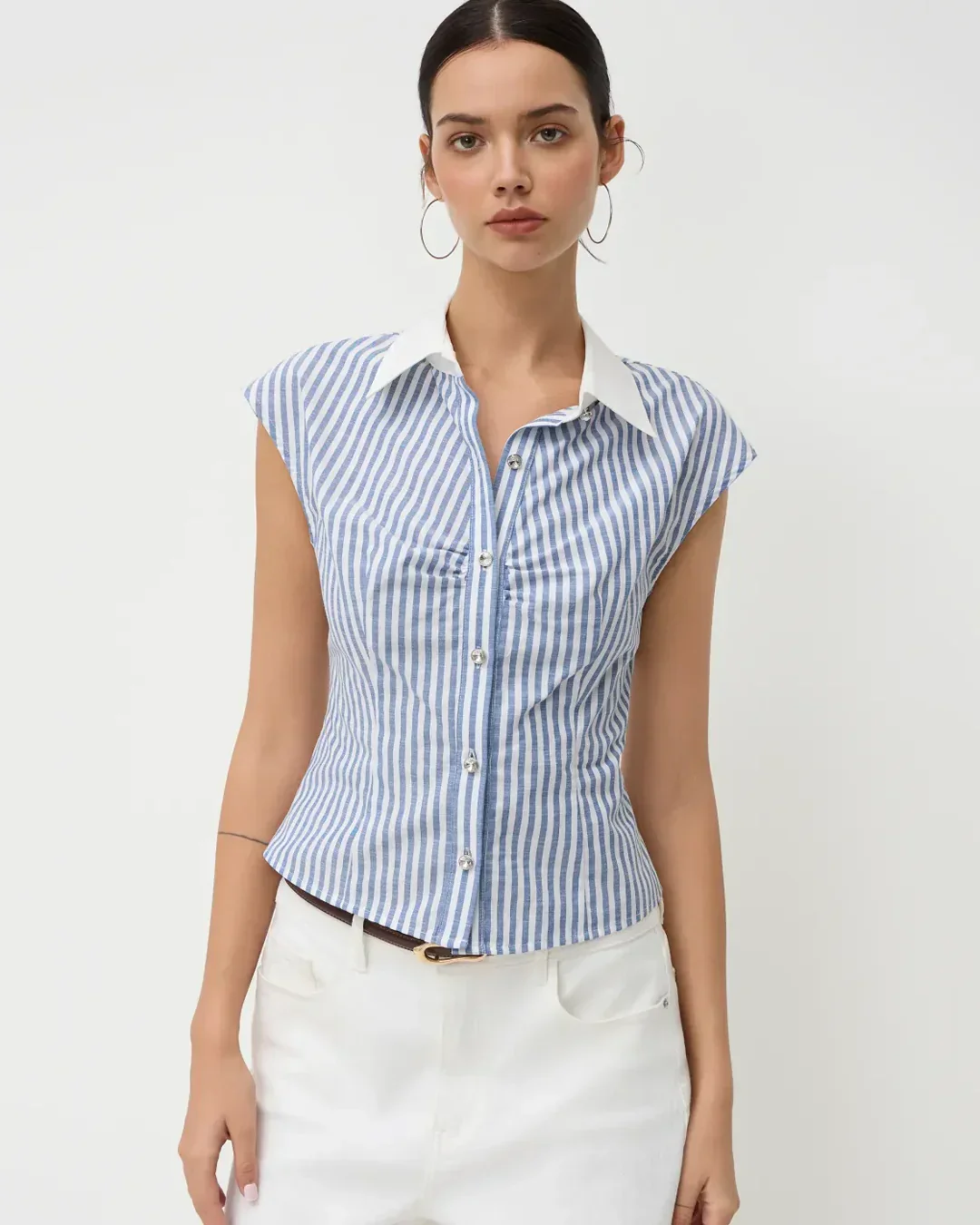 Striped Button Down Sleeveless Collar Top - Image 3