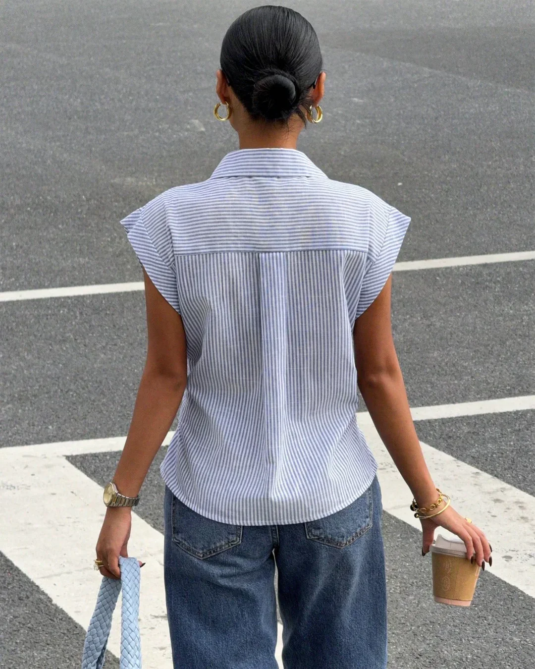 Striped Button Down Sleeveless Collared Shirt - Image 4