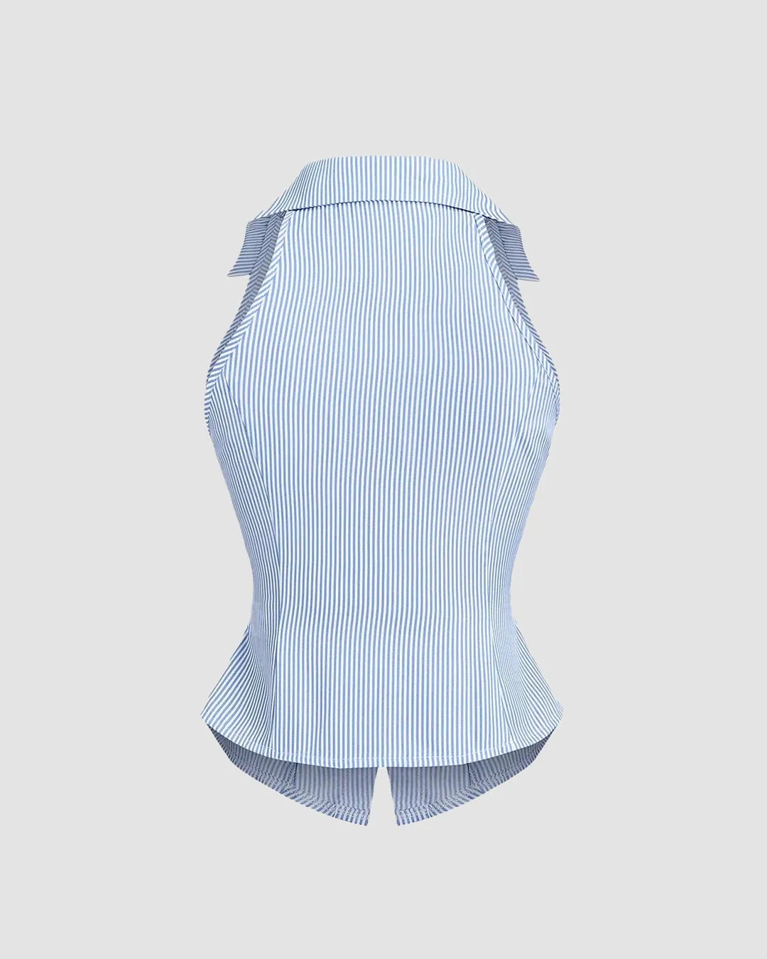 Collared V Neck Striped Sleeveless Top in Blue and White - Image 3
