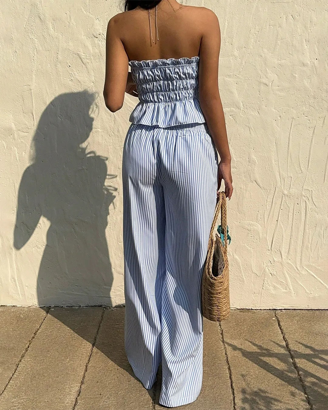 Striped Co-ord Set With Tie Front And Ruffle Detail Top & Long Pants - Image 2